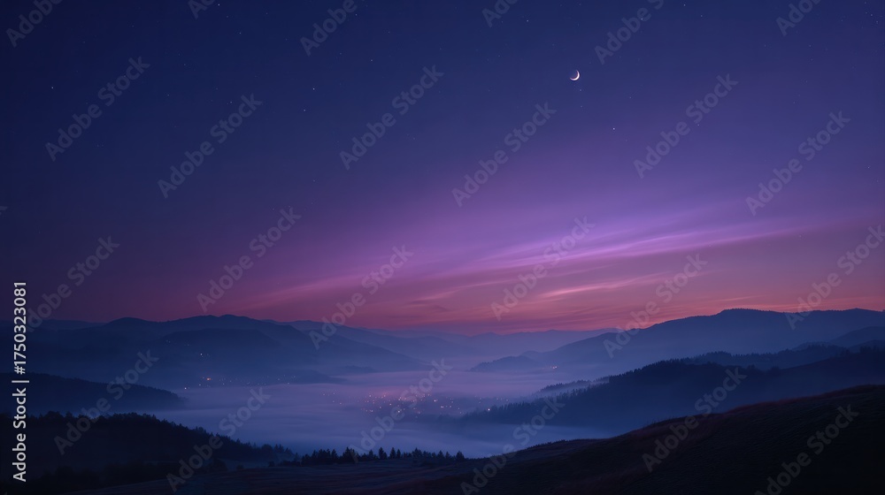 Fototapeta premium Serene twilight landscape mountain range natural scenery calm atmosphere wide view peaceful vibes