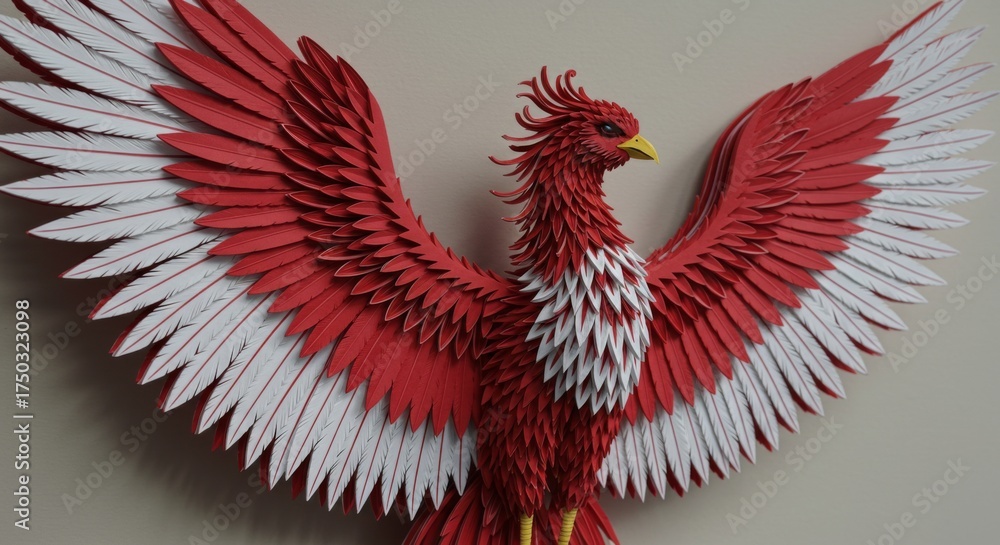 Fototapeta premium Red and white phoenix paper sculpture with wings spread