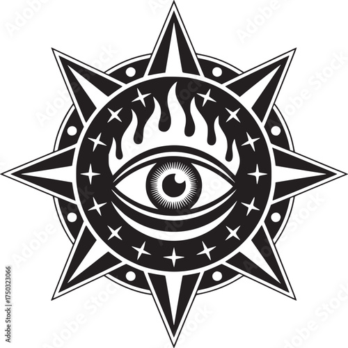 A detailed black and white illustration of an eye surrounded by flames and starburst shapes