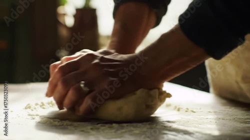 Close up of a baker s hands kneading fresh dough on a floured kitchen counter for homemade bread or pasta capturing the artisanal culinary process