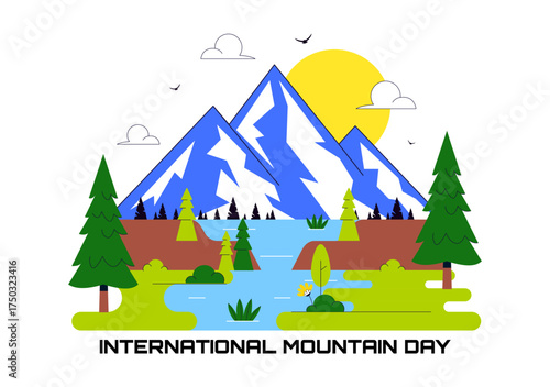 International Mountain Day Vector Illustration Celebrated on December 11, Featuring Mountain Landscape, Green Valleys, and Trees in a Flat Background