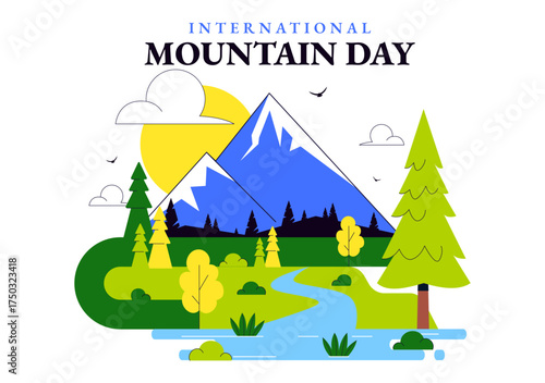 International Mountain Day Vector Illustration Celebrated on December 11, Featuring Mountain Landscape, Green Valleys, and Trees in a Flat Background