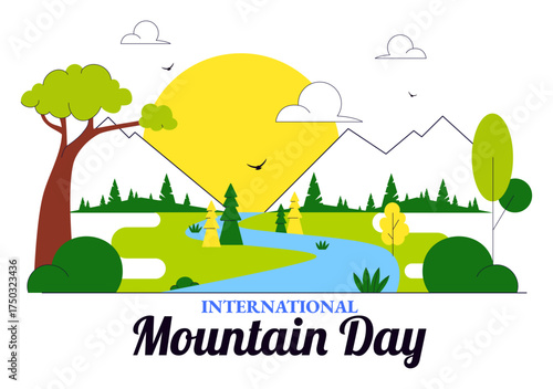 International Mountain Day Vector Illustration Celebrated on December 11, Featuring Mountain Landscape, Green Valleys, and Trees in a Flat Background