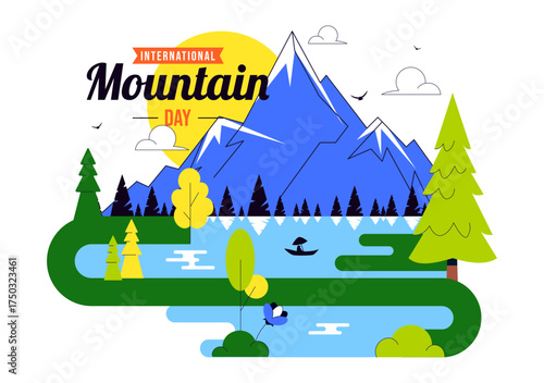 International Mountain Day Vector Illustration Celebrated on December 11, Featuring Mountain Landscape, Green Valleys, and Trees in a Flat Background