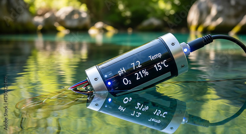 Water quality testing device with digital display submerged in clear, reflective water