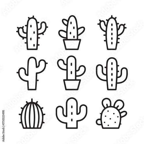  Simple Clear Single Cactus Various Style Icon Set Vector Line Art.