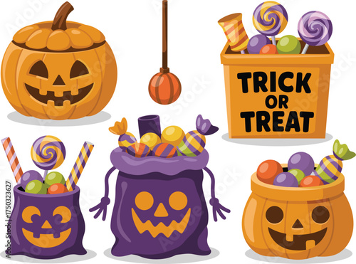 Halloween pumpkin buckets and candy collection with trick or treat text Keywords: halloween