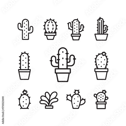  Simple Clear Single Cactus Various Style Icon Set Vector Line Art.