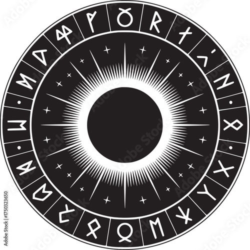 A black and white circular design featuring runes and radiating lines around a central circle