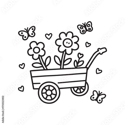  Simple Flower Wagon With Hearts And Butterflies Toddler-Friendly Line Art Design. 