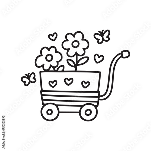  Simple Flower Wagon With Hearts And Butterflies Toddler-Friendly Line Art Design. 