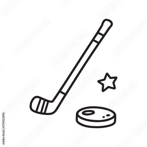 Simple Hockey Stick And Puck With Stars Line Art Design. 