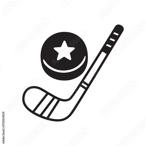 Simple Hockey Stick And Puck With Stars Line Art Design. 