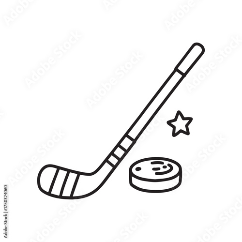 Simple Hockey Stick And Puck With Stars Line Art Design. 