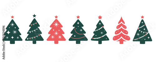 Decorated Christmas Tree Set, Red and Green Holiday Trees, vector, silhouette, illustration.