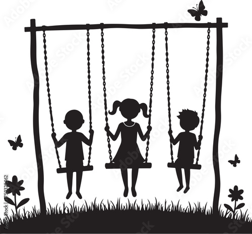 Three children silhouettes on swings with butterflies and flowers