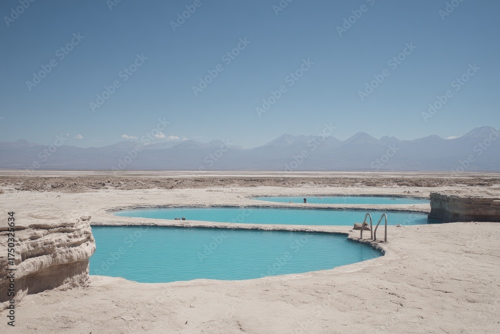 Fototapeta premium Turquoise pools nestled in a pale desert landscape, mountains in the distance