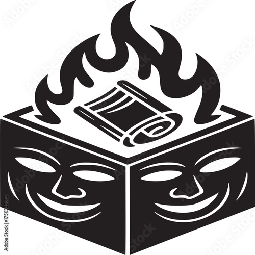 Igniting theatrical passion, a burning script unveils the drama within comedy and tragedy masks