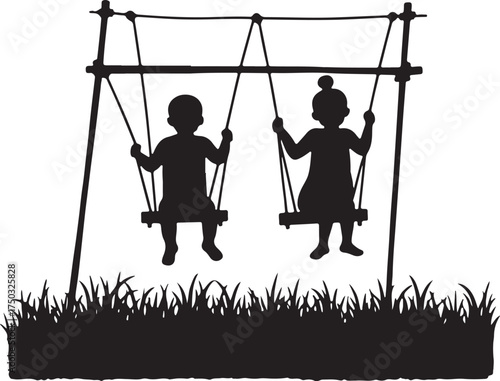 Two children silhouettes on a swing set with grass
