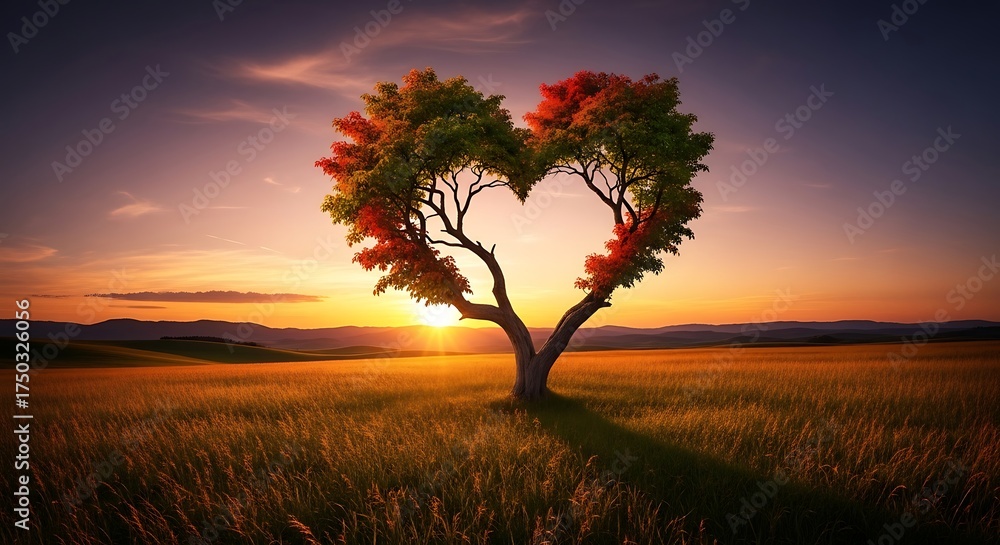 Fototapeta premium Heart Tree Sunset Field Landscape.