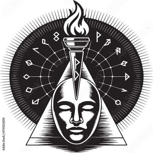 Mystical face with torch and runes in black and white, intriguing design for fantasy or esoteric themes