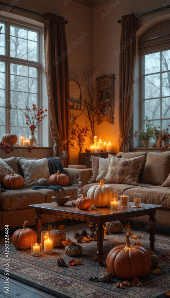Obraz premium Cozy living room decorated for autumn with pumpkins, candles, and warm lighting creates welcoming atmosphere. room features comfortable sofa, patterned cushions, and wooden coffee table adorned