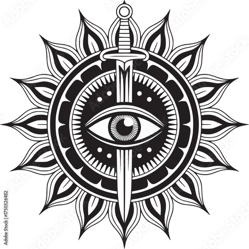 Mystic eye emblem with sword piercing through, radiating power and protection in intricate black and white