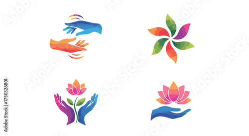 Collection of diverse wellness and support symbols featuring hands and nature inspired elements.