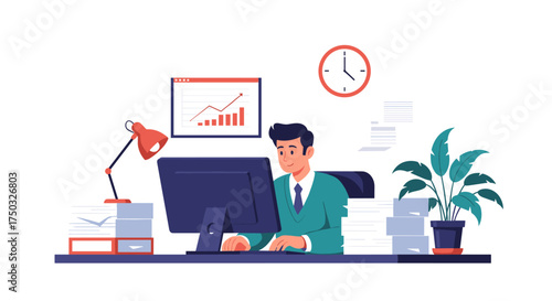 A man diligently working at his computer in an office setting with a plant and clock on a white background.