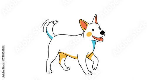 A happy white dog with a wagging tail is walking outdoors on a sunny day.
