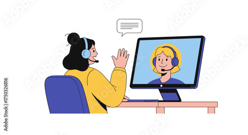 Two women interacting via video call using headsets and microphones to communicate clearly.