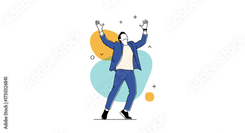 Man in a blue suit celebrating with arms raised in a minimalist abstract design.