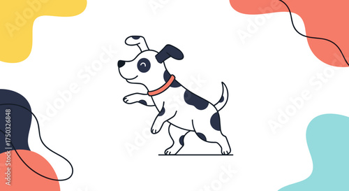 A playful spotted dog with a red collar is happily trotting with its tail held high.
