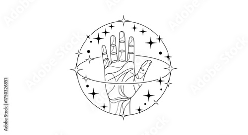 Mystical hand surrounded by stars and celestial orbits representing cosmic energy and destiny.