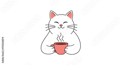 A cozy white cat happily sips from a warm pink mug of coffee.