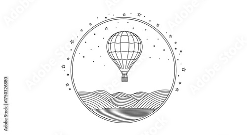 A whimsical hot air balloon floats serenely above undulating landscapes under a starry sky.