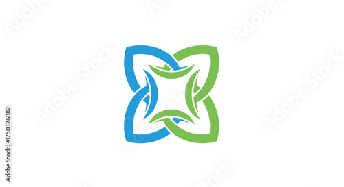 Interlocking floral design in blue and green symbolizing connection and growth.