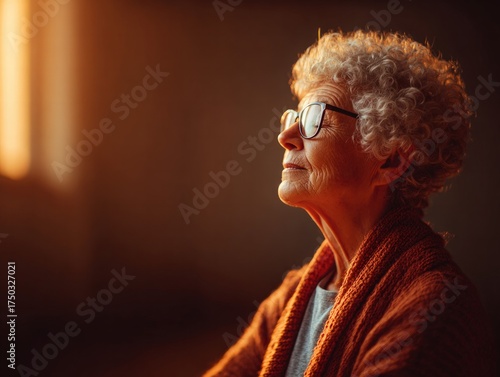 Elderly woman in golden glow room serene portrait calm environment introspective view gentle light