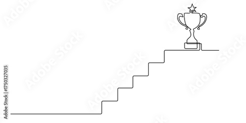 Continuous line drawing of a staircase leading to a trophy with a star on top, illustrated in a minimalistic linear style. Suitable for success concepts, achievement illustration, business motivation.