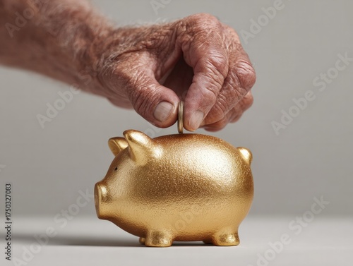 Elderly hands inserting coin into golden piggy bank close-up financial savings concept minimalist background
