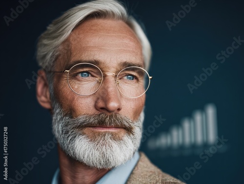 Senior investor analyzing financial charts modern office professional portrait corporate environment close-up