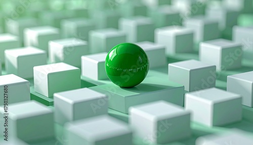 Leadership concept, One leader green sphere leads other white boxes. Winning strategy in business, 3d render. copy space.