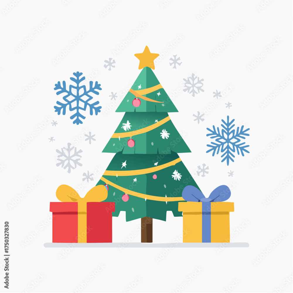 Obraz premium Seasonal Holiday Vector Pack Featuring Christmas Tree, Snowflake, and Gift Box Icons
