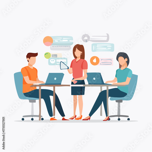 Flat Design Vector Illustration of People Working on Laptops in a Teamwork Concept