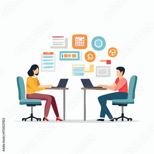 Flat Design Vector Illustration of People Working on Laptops in a Teamwork Concept