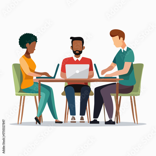 Flat Design Vector Illustration of People Working on Laptops in a Teamwork Concept