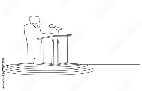 Single one line drawing podium with microphone, Conference lectern line icon on the background, Conference lectern icon, Man Giving a Presentation, Usually used in speech or oration. continuous line.