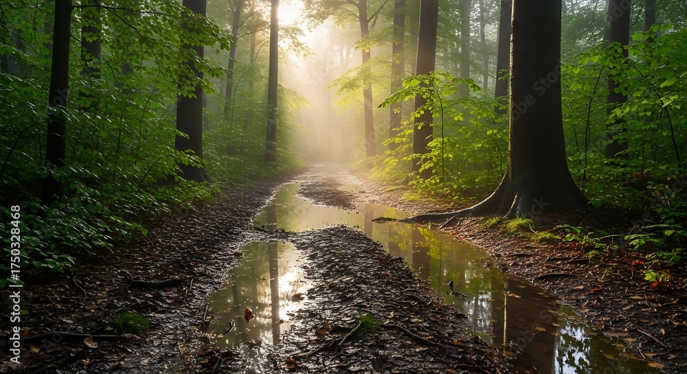 Obraz premium Sunlit Forest Path with Misty Morning.