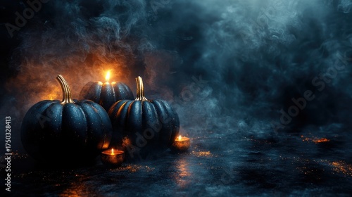 Mystical pumpkin display at halloween spooky atmosphere decorative art eerie lighting close-up perspective