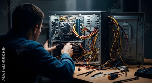 Focused technician assembling or repairing a desktop computer, showcasing internal hardware components and intricate wiring during maintenance or u...